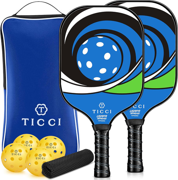 TICCI Pickleball Paddles, USAPA Approved Pickleball Paddles Set of 2, Lightweight Fiberglass Surface Pickleball Set, 4 Pickleballs, 1 Carry Bag & Mesh Bag, Pickle Ball Paddle Gifts for Men Women